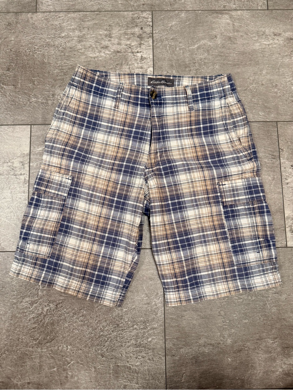 Eddie Bauer Men’s Plaid Cargo Shorts in Navy, Tan and White